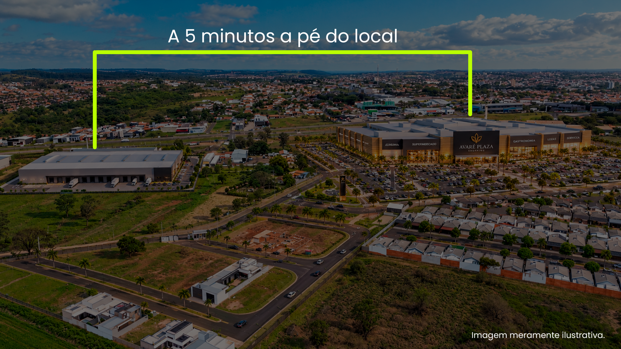 Simulação aérea mostrando a distância entre a área e o futuro Avaré Plaza Shopping