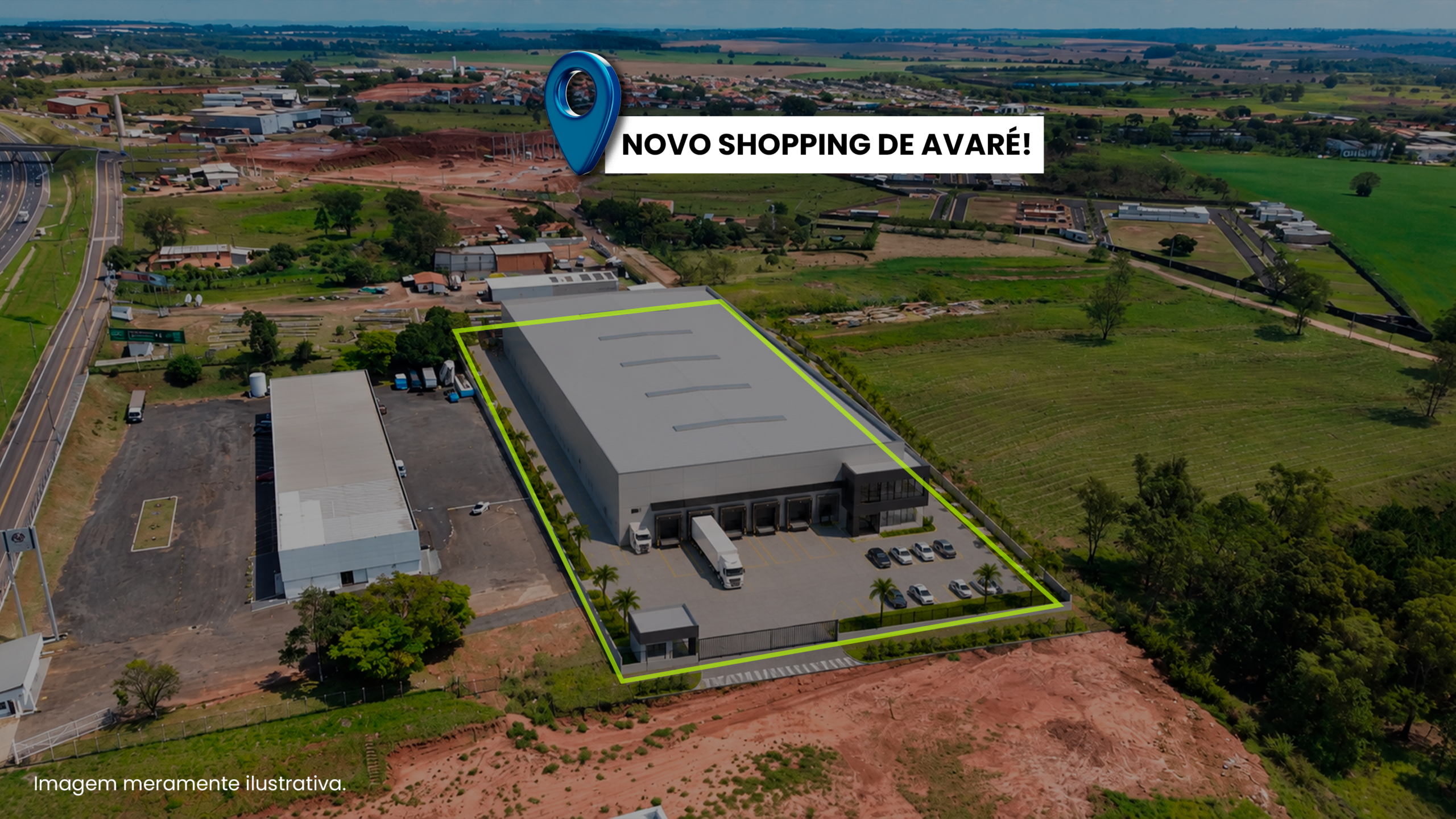 Simulação aérea indicando a localização do novo shopping de Avaré próximo à área